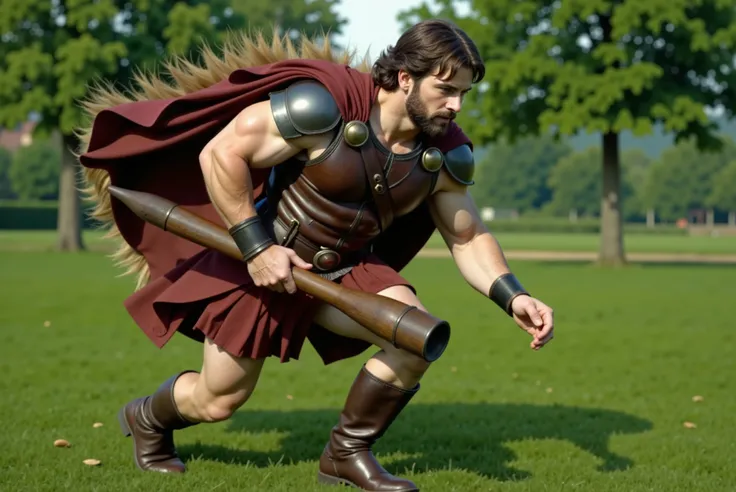 Hercules walks stealthily across a lush green field, dressed in his legendary attire. His club is gripped firmly in his hand as he crouches slightly, moving with careful determination. In the background, two or three trees stand tall, their leaves rustling...