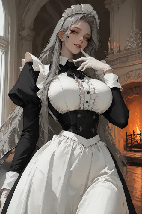 solo, female, very long hair, light skin, grey eyes, smile, huge breasts, frilly traditional English maid outfit, close up, fluttering dress, frills, mansion, luxurious, parted lips, maid headdress, elegant, holding tray, fireplace, comfy, long sleeves, ta...