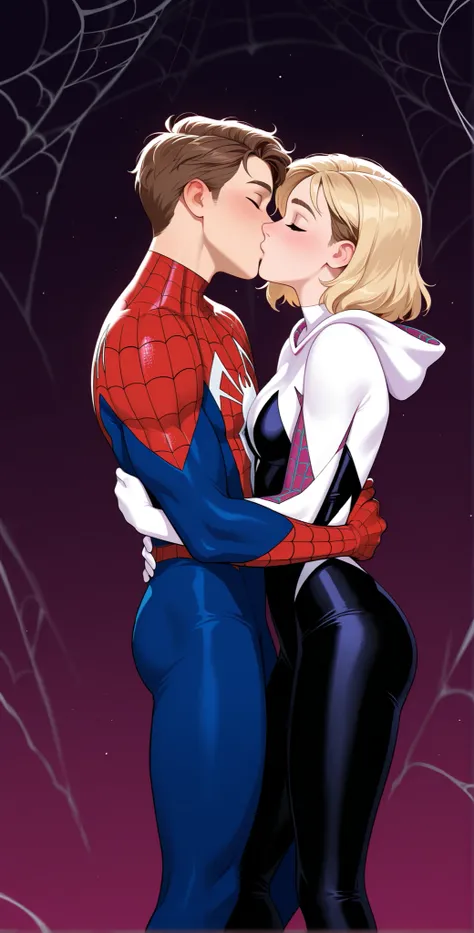 Peter Parker, in a Spider-Man costume, unmasked, is hugging and kissing and making out with Gwen Stacy from Spider-Man Across the Spiderverse