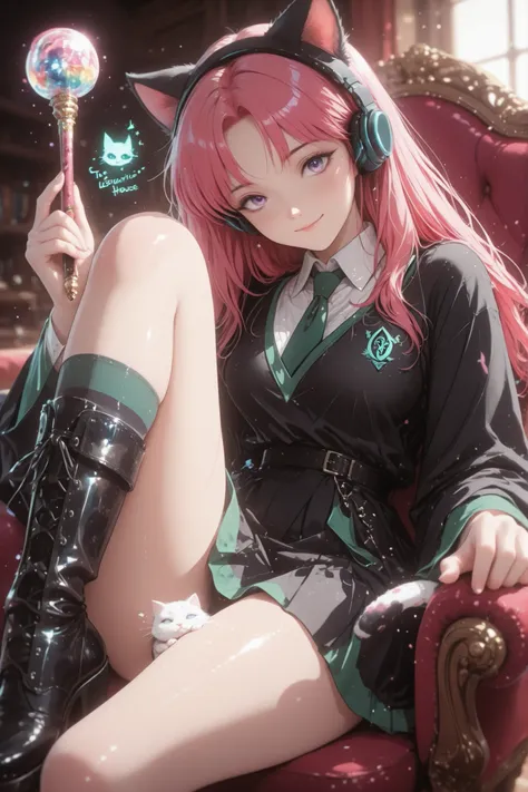 Masterpiece, detailed image, perfect human anatomy, perfect face, a beautiful woman (beautiful curves), with long red hair with pink tips and bright purple eyes (eyes rich in detail), (detailed eyes) with pink and orange ombré hair, wearing black headphone...