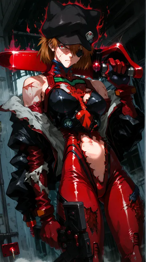 Shikinami Asuka Langley, neon genesis evangelion, rétro anime style, (absurderes, 8K, 4K, masutepiece, hyper extreme detailed), Best Quality, Perfect Anatomy, Perfect face, Facing forward, Artboard, top quality, (((((A tattered red plug suit))))), (Torn cl...