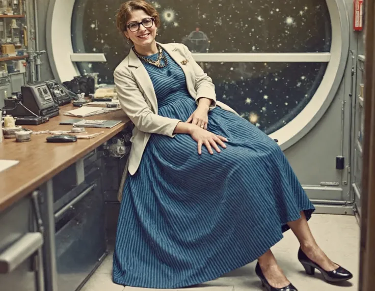Soft focus captures a vintage aesthetic on 35mm film, reminiscent of Portra400 or Vision3 200T/500T. In a spaceship office, your therapist, who is a kind, mature lady sits on her desk surrounded by starry cosmos through large windows, showing her empathy ...