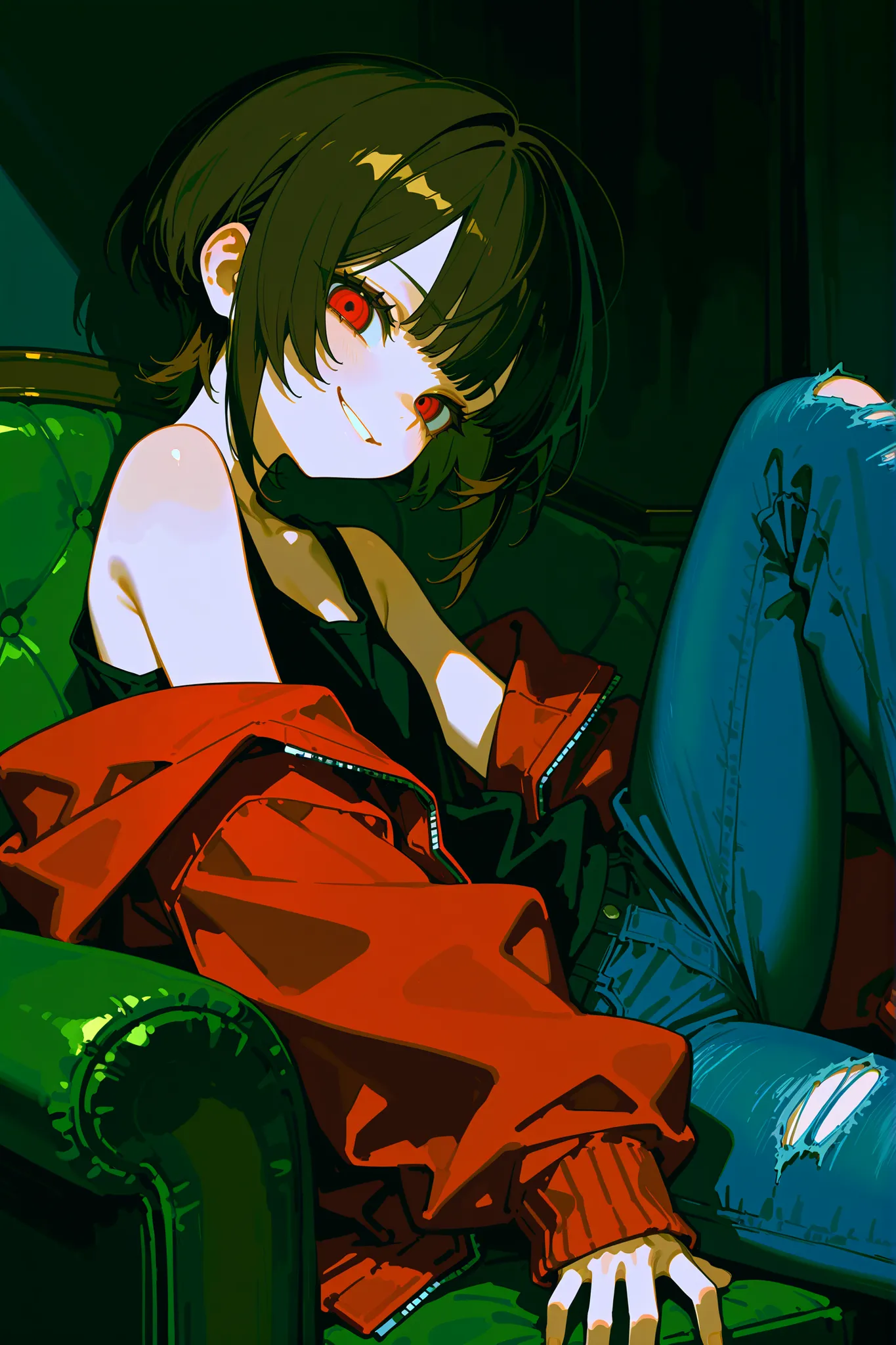 anime, young girl, red eyes, smirk, evilish smile, darkened eyes, red eyes, short brown hair, fancy haircut, denim pants, shirt with bare shoulders, black shirt, red parka, solo, sitting on sofa, leg on leg, 