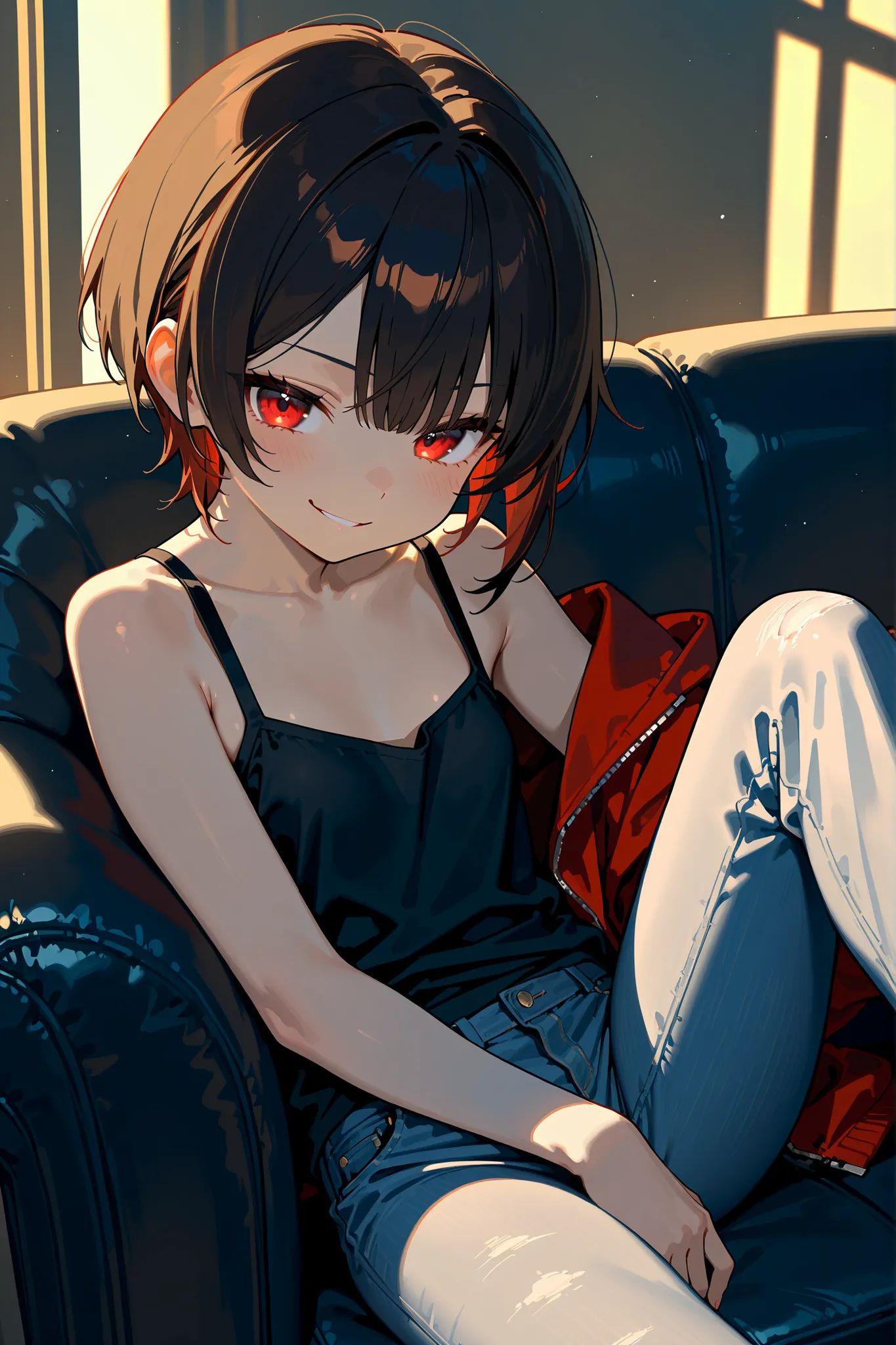 (masterpiece, sidelighting, finely detailed beautiful eyes: 1.2), ((best quality)), ((masterpiece)), (highly detailed:1.3), anime, 1girl, petite, small chest, short stature, solo, cute, young girl, red eyes, smirk, evilish smile, darkened eyes, red eyes, s...