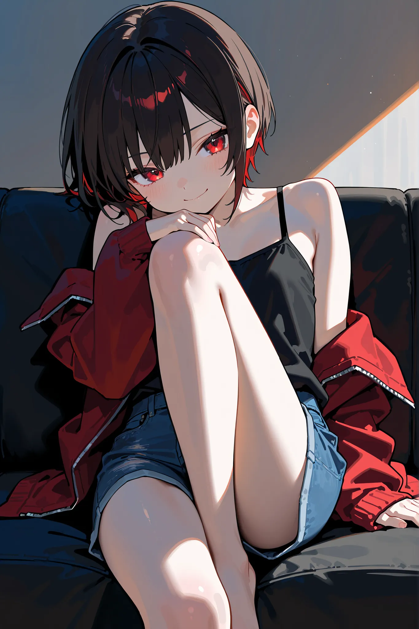 (masterpiece, sidelighting, finely detailed beautiful eyes: 1.2), ((best quality)), ((masterpiece)), (highly detailed:1.3), anime, 1girl, petite, small chest, short stature, solo, cute, young girl, red eyes, smirk, evilish smile, darkened eyes, red eyes, s...