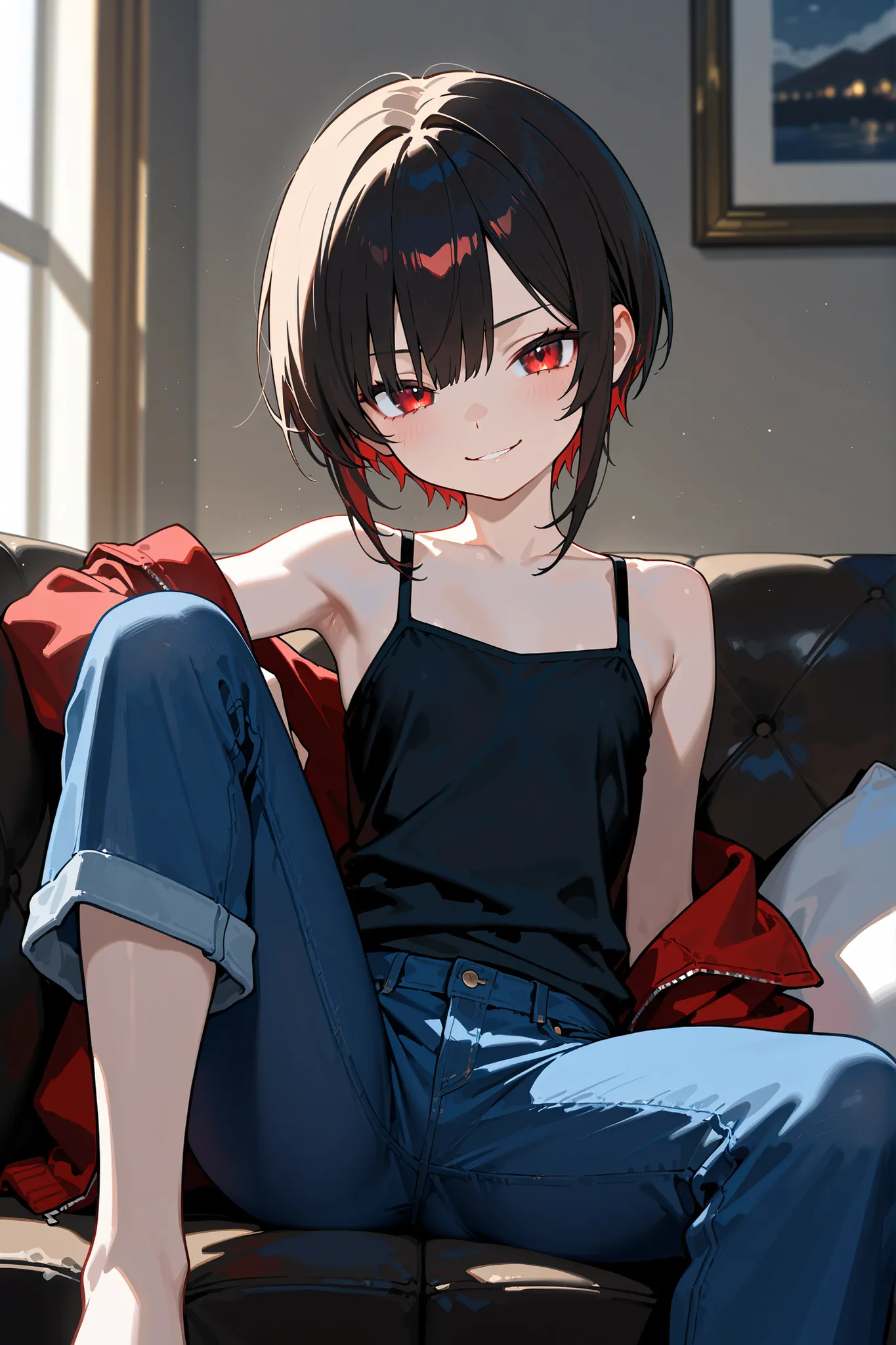 (masterpiece, sidelighting, finely detailed beautiful eyes: 1.2), ((best quality)), ((masterpiece)), (highly detailed:1.3), anime, 1girl, petite, small chest, short stature, solo, cute, young girl, red eyes, smirk, evilish smile, darkened eyes, red eyes, s...