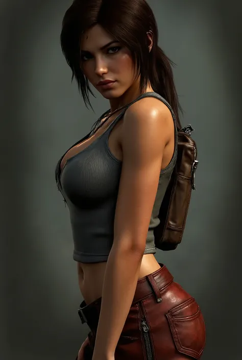 stylized image of Lara Croft with expressive features, The girl stands on the side, turn her head slightly towards the viewer and lower her chin. The shape is curved, the lower back bent, the shoulders look back, The head looks forward. The hands look down...