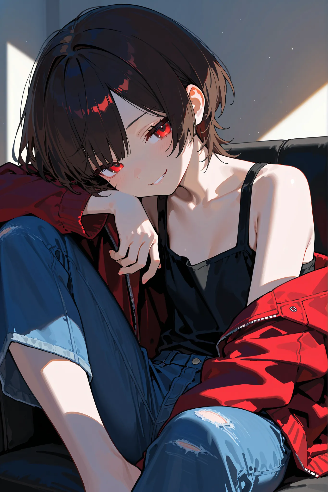 (masterpiece, sidelighting, finely detailed beautiful eyes: 1.2), ((best quality)), ((masterpiece)), (highly detailed:1.3), anime, 1girl, petite, small chest, short stature, solo, cute, young girl, red eyes, smirk, evilish smile, darkened eyes, red eyes, s...