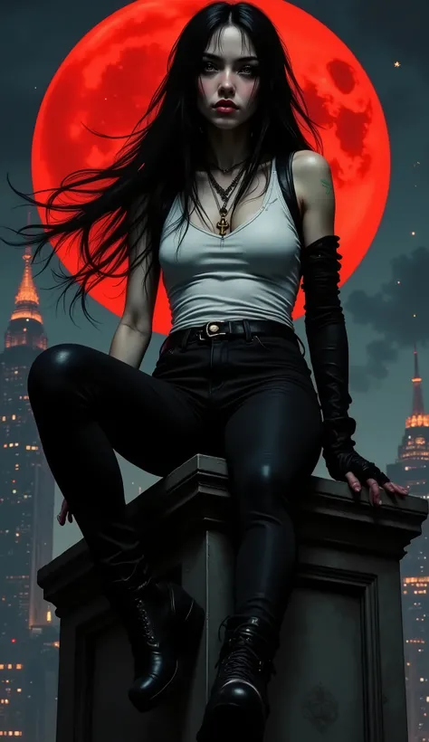 Whimsical goddess of death with infinite power and the compassion for all in the guise of a Young pretty goth girl with black pants, white tank top and ankh necklace, smiling impishly city, sitting on top of an old mausoleum at night with a full moon with ...