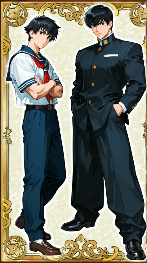 Anime style art, anime style drawing, FRONT PICTURE, full body, muscular male character, protagonist, black eyes, short hair, straight hair, black hair, wears male Japanese school uniform, Full body picture, front picture, Joe Kusanagi, the street fighter ...
