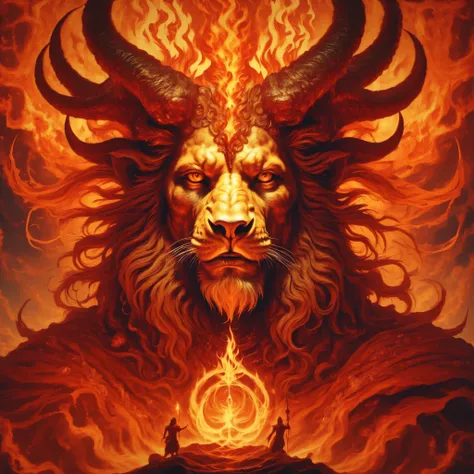 Devil as Samael, Demiurge, Lord of the material, spiritually blind master of gross matter, Divine titan twisted by evil, face of a lion, half flame, and half darkness. 