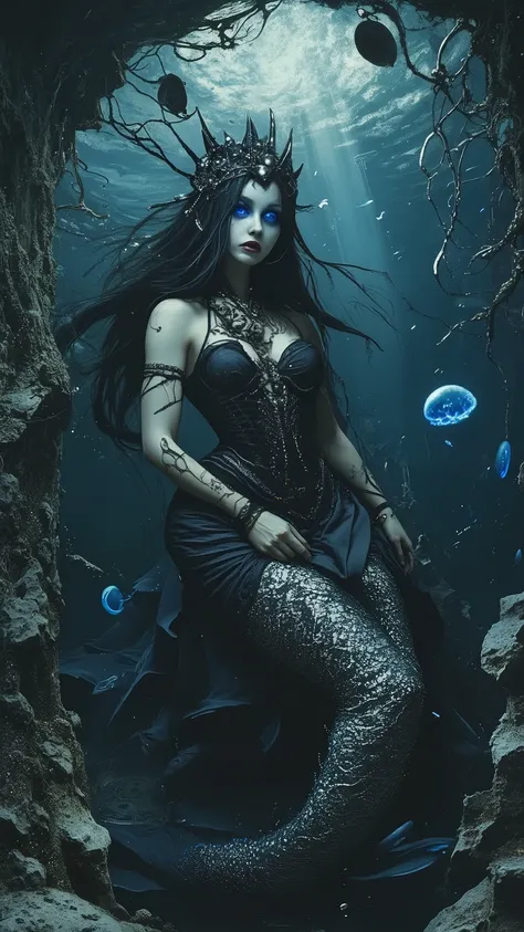 The best cell phone wallpaper, Award-Winning Wallpaper, portrait photography, In the front view is a Ultra-realistic gothic mermaid underwater, long flowing black hair, pale skin, dark lace fins, black corset with silver embroidery, glowing violet eyes, su...