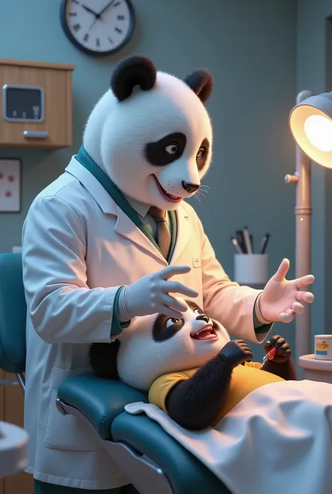 Pixar style scene , a panda dentist treating a patient, a chubby adult panda dressed as a dentist treating a patient kindly in his office. The panda is gesturing empty-handed. The patient is a panda boy with his mouth open looking at the dentist, the panda...