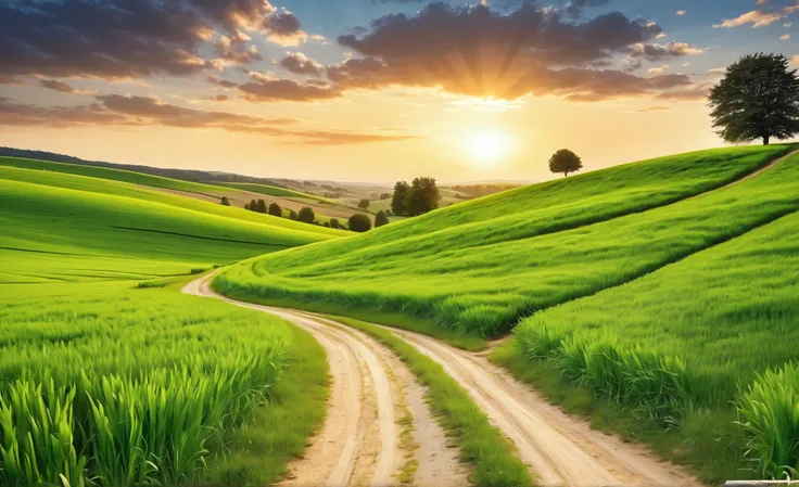 arafed view of a dirt road in a green field with trees, nature scenery, peaceful landscape, nature wallpaper, nature landscape, scenery wallpaper, beautiful summer landscape, stunning nature in background, lush countryside, very beautiful scenery, landscap...