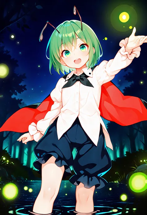 Masterpiece,Best quality, ultra detailed,Japanese Anime style, 1girl,((wriggle Nightbug)),(touhou project),boyish,green hair,short hair,short,mini,small chest, At night, outdoors, near water, fireflies are flying around,she dancing on the water,((beautiful...