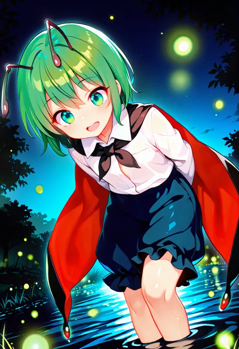 Masterpiece,Best quality, ultra detailed,Japanese Anime style, 1girl,((wriggle Nightbug)),(touhou project),boyish,green hair,short hair,short,mini,small chest, At night, outdoors, near water, fireflies are flying around,she dancing on the water,((beautiful...