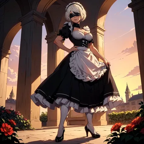 (1girl, Alone, alone), ((yorha no.2 type b, 2B, 1girl, solo, short hair, white hair, hairband, blindfold, covered eyes, black blindfold)), ((Alone, (1woman, solo, delicate line), extremely detailed , Soft ambient lighting, 4K, perfect eyes, a perfect face, Perfect Lighting, the 1 girl)), ((fitness, , shapely body, athletic body, toned body)), (((maid clothes, maid outfit, frilly apron, frilly dress, long stockings, thigh high stockings, high heels, mansion, indoor mansion, windows, elegant decor, cleavage, flower vases, full body, standing, cleavage, smug, garden, windows, smug, sky, white socks)))