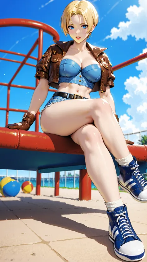 Midnight,playground,LuciaFF3Outfit,short hair, break 1girl, blonde hair, blue eyes,large breasts,wide hips, denim sports bra, brown jacket, gloves, denim shorts, black belt, socks, sneakers,sitting,leaning forward,legs crossed,masterpiece, highly detailed,...