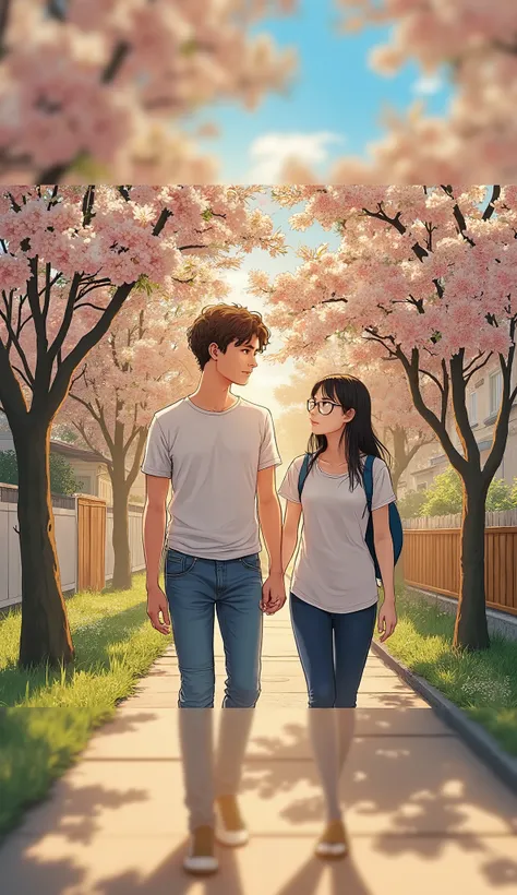 A masterpiece anime-style illustration in soft pastel tones with warm, nostalgic lighting. A young couple is walking side by side on a residential sidewalk during golden hour — either early morning or sunset — with gentle cinematic shadows and golden highl...