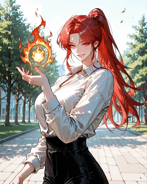 (SuperQuality:1.0) ~ (SuperQuality:1.2), detailxl, 1girl, High Resolution, Best Quality, High Details, Super Detailed, outdoors, eolka, red hair, long hair, red eyes, parted bangs, ponytail, webtoon,manhwa, Large breasts, white shirt, casting a fire spell,...