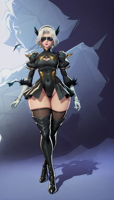  r1vals, semi realistic, cartoon, (fighting strance:1.5), dynamic pose, action pose, highres, full body shot,,front view, standing, 2BNAXL, blindfold, black blindfold, hairband, white hair, short hair, medium breasts, clothing cutout, cleavege cutout, blac...