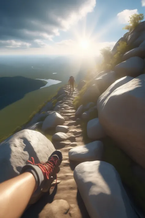 POV view from a hiker climbing a steep rocky trail, hands reaching forward grabbing the rocks, arms visible, realistic lighting, detailed textures, photorealistic, 8k, dramatic sky with sun rays, immersive first-person perspective
