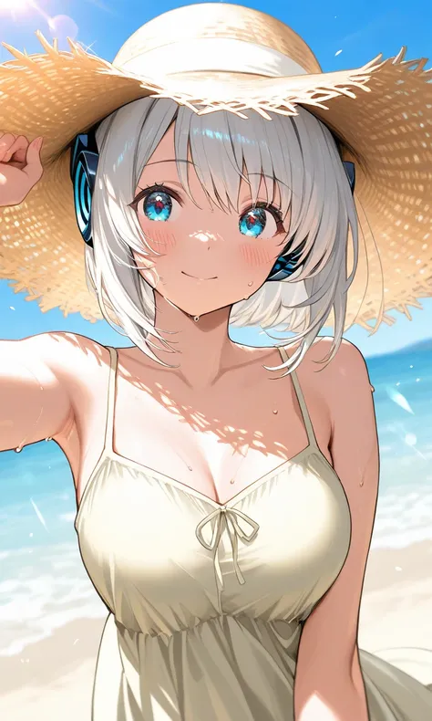 a cute character、 in a Straw Hat Holds the Marbles to the Sun、Staring at Marbles with Beautiful Eyes、 Gapless Face、white hair、Airy Short Bob、Light Yellow Camisole、Sweat drips on the face、Sunlight Reflects on Marbles、Lens Flare、Focus on a Girl's Face and Hands、Exhilarating Colors Inspired by Summer、Nostalgic Atmosphere、high definitionなアニメイラスト、High Quality、High Definition、masterpiece、Best Details、high definition、4k、8k