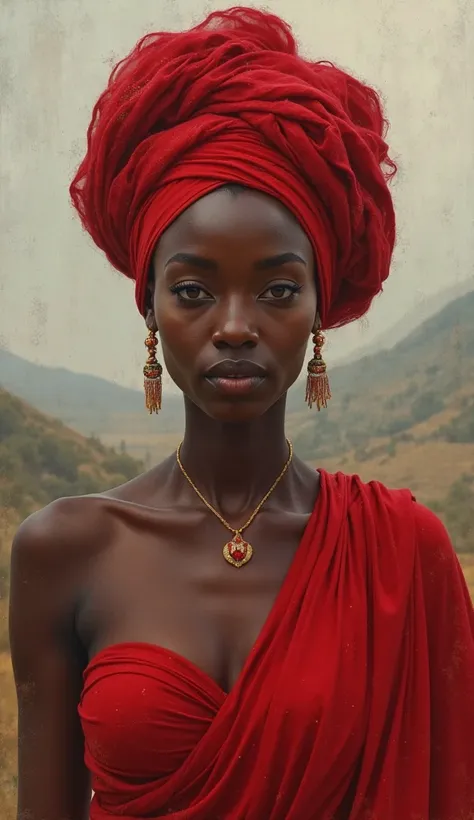 I want an image of the soul of a black woman, wearing a red dress and a red turban