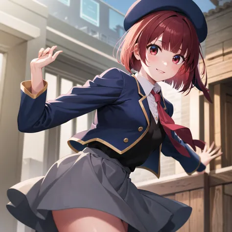 Masterpiece, armor, High resolution, aakana, aakana, short hair, beret, Red Eyes, blue hat, red tie, shirt with collar, blue jacket,  open jacket, long sleeves, gray skirt,  in front, cowboy suit,  smile, outdoor, hands waving, Another hip hand