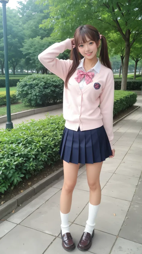 A cute Japanese high school girl posing in a sunny park with a cheerful and stylish look. She is wearing a soft pink cardigan over a white blouse, complemented by a large pink ribbon tied at the collar. Her pleated skirt features a navy and white plaid pat...