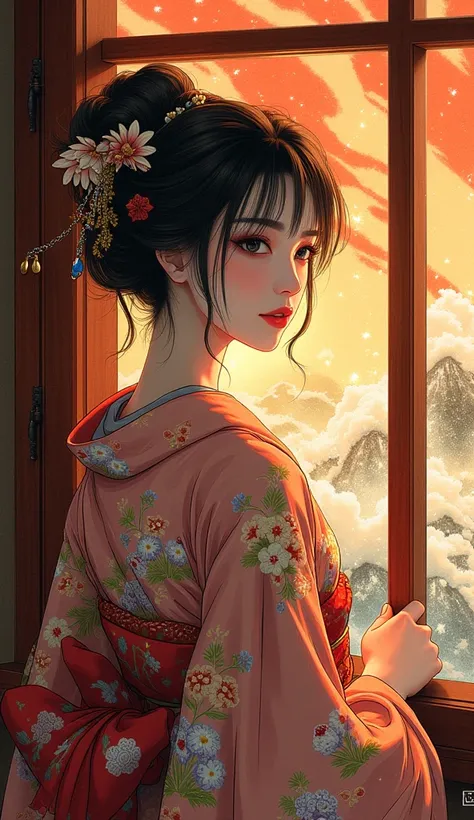  highdefinition images、Katsushika Hokusai manga(pretty eyes、Look at every detail、multi-colored hair below the arm)、 kimono that looks like a yukata 、Woman looking out of a window、葛飾北斎スタイルで火のように見える highdefinition images、Kimono beauty、顔のdetails、highest quality ukiyo-e、details、high resolution image beauty。