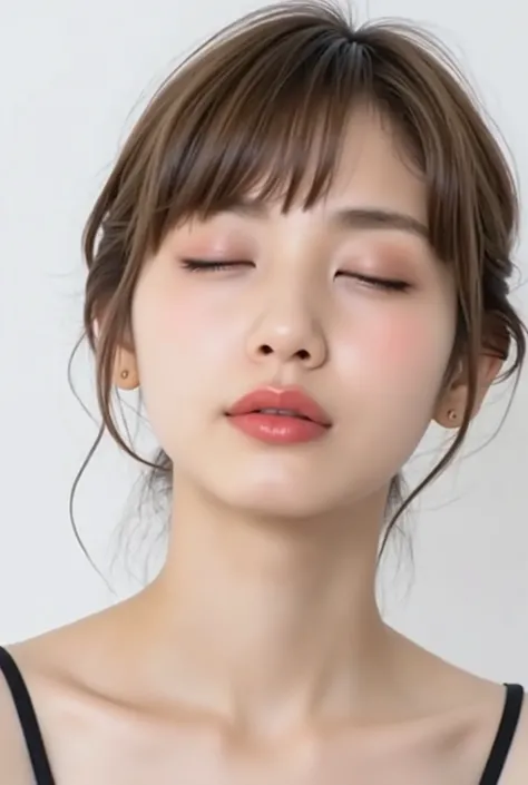 ultra-detailed close-up of a cute and beautiful young woman, collarbone-up composition, white studio background, soft diffused daylight, high-key exposure, clean and vibrant modern color grading, realistic smooth skin with visible pores and subtle peach fu...