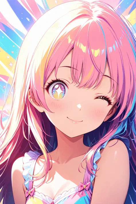 (beautiful girl: 1.3), 1girl, masterpiece, Highest quality, Ultra-high resolution, rich contrast, super high quality, 8k, A cute anime girl with long hair, smiling and winking, big sparkling eyes, colorful background, soft lighting, pastel colors, vibrant ...