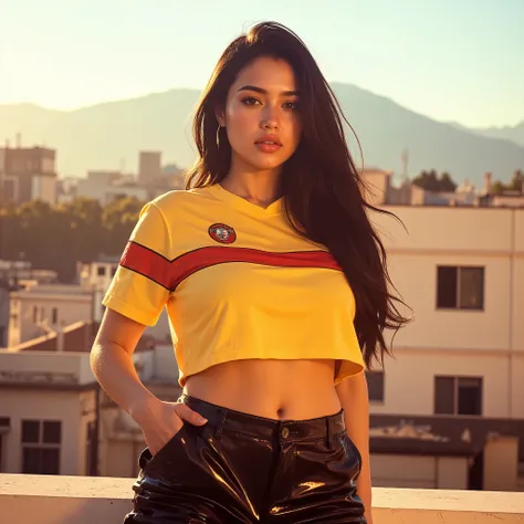 A stylish Latin woman standing confidently on a balcony, bathed in soft golden hour light, framed in a cinematic 2.39:1 aspect ratio. She wears a tight yellow cropped football jersey with red highlights and a Colombia badge, paired with glossy black faux l...