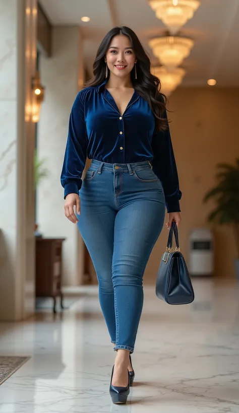 Voluptuous chubby asian secretary with horny face, , big  and big ass wearing long Sleeve blue Velvet shirt, tight jeans and high heels walking on office lobby while hold fancy bag 
