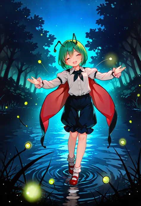 Masterpiece,Best quality, ultra detailed,Japanese Anime style, 1girl,((wriggle Nightbug)),(touhou project),boyish,green hair,short hair,short,mini,small chest, At night, outdoors, near water, fireflies are flying around,she dancing on the water,((beautiful...
