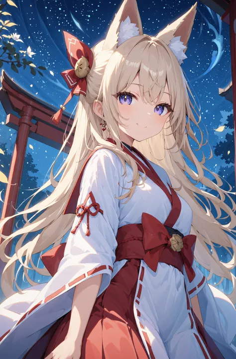 masterpiece、concept art、(very detailed)、 (((masterpiece、Highest Quality))) 、Girl 1、night、starry sky、Moonlight:1.2、(fox ear、platinum blonde、long hair、Shrine maiden、Shrine maiden服)、( soft smile ) 、Standing picture