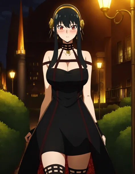 black hair, bangs, yorfor, reddish eyes, 1girl, solo, long_hair, breasts, looking_at_viewer, blush, large_breasts, black_hair, hair_ornament, gloves, red_eyes, dress, thighhighs, closed_mouth, cleavage, jewelry, bare_shoulders, standing, collarbone, flower...