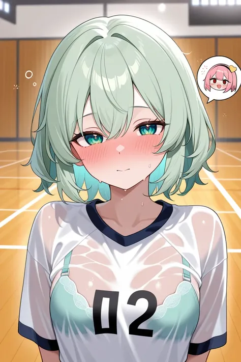 masterpiece, 最High Quality, High Quality, Newest,2 girls、 green hair , green eyes ,　short hair , Komeiji Koishi , 、pink hair、Red Eyes、short hair、Komeiji Satori、Upper body of the eye、mouse close、 In front of her 、 blush 、 drunk 、embarrassed、 Only the face 、 close-up 、 Pretty Face 、 detailed eyes 、 better quality 、Gymnasium background、Big 、I'm wearing the number 1 eccentric volleyball outfit、I'm sweaty and my clothes are see-through and my bra is visible、I'm holding a volleyball with one hand