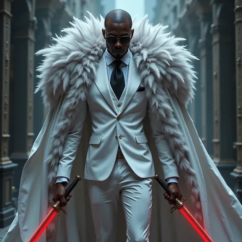 A powerful blackman swordsman wearing a white suit and a luxurious overcoat with gray feathers, this man is black and wears black sunglasses, his hair is shaved and his sword is red.