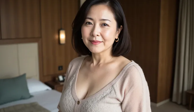 Mature Woman、 Japanese、48 years old (Mature Womanの魅力: 1.5)、 kind, Seductive Smile 、( nasolabial folds :1.4)、 Natural Aging 、warm eyes 、( upper body close-up :1.3)、 tender , Natural wrinkles 、 Beautiful skin (1.4)、 Highly detailed (1.4)、 Unmatch...
