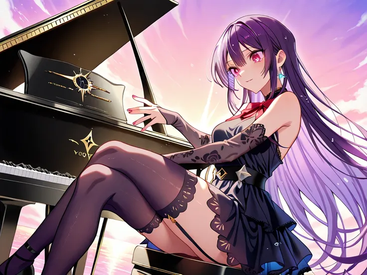 Takamine Takane sitting in front of a piano, playing a piano (shiny black wood with gold details), elegant posture, side view, dressed in a Gothic ta concert outfit:
Short black velvet dress (sheer lace sleeves, red bow at the waist),
Silk stockings with decorative seams (ripped at the knees),
Low-heeled shoes (silver buckles), fingerless gloves,
Long purple hair (loose strands illuminated by ambient lighting).
Posture and expression:
Hands on the keyboard (nimble fingers, dark red-polished nails),
Concentrated face (lips parted, eyes squinted with emotion),
Legs crossed (thighs slightly visible under the skirt).
 Fantastic Setting:
Floating stage on a mirror of infinite water (a perfect reflection of the sky):
Piano suspended over the water (small ripples to the rhythm of the music),
Sunset sky (purple, pink, and gold tones),
Special Effects:
Lighting: soft and dramatic (sidelighting creating elongated shadows in the water),
Textures: details on the piano (polished wood, ivory keys), transparencies in the lace,
Style: Fantasy anime with influences from Makoto Shinkai (hyper-detailed skies),
Technique: Digital painting (visible brushstrokes in the clouds, saturated but harmonious colors).
Melancholic:`(teardrops:1.3), (broken clock floating:1.2), (blue tone:1.1)`