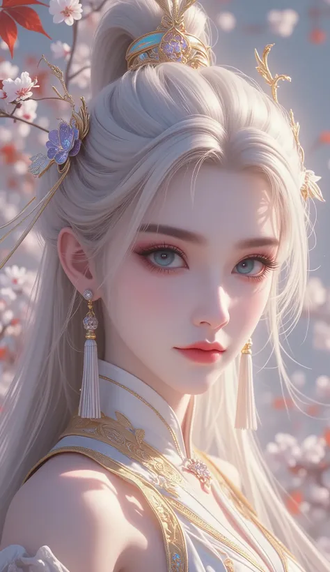 Chinese Fairy Tales character, extremely details, high detailed face, mature woman, cool beauty, living expressions, aqua eyes, expressionless, (blonde hair), highlight, high ponytail, shiny silky, long hair, tassel earrings, gold Hair tube, iridescent, (...