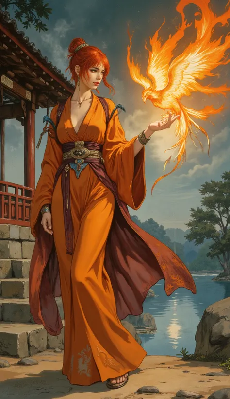 A breathtakingly beautiful noblewoman with messy short bright red hair and side-swept bangs, arched thick eyebrows, sharp shrewd eyes, and a slender face. She has a slim figure and is wearing a fantasy wuxia style loose solid-colored Taoist robe with wide ...