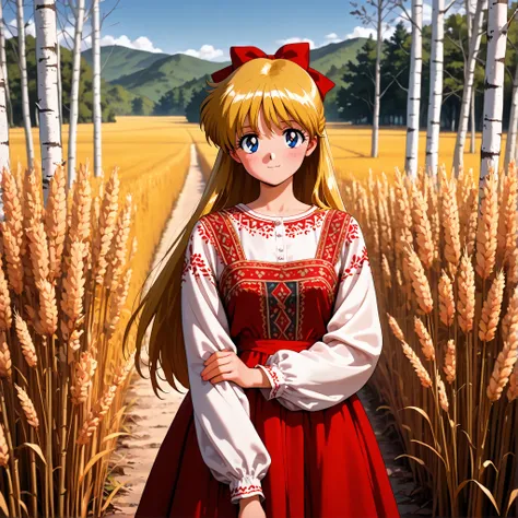 masterpiece, amazing quality, best quality, ultra-detailed, 8K, illustration, clear skin, ultra-detailed-eyes, soft skin, very awa, very as2, soft body, 1990s \(style\), official art, minako aino, blonde hair, blue eyes, bow, hair bow, half updo, long hair...