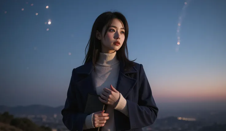 A warm, realistic half-body portrait of a 30-year-old Chinese woman standing under a starry twilight sky. She is looking gently to the side, not directly at the viewer, her expression soft, thoughtful, and touched with quiet longing. Her long black hair fl...