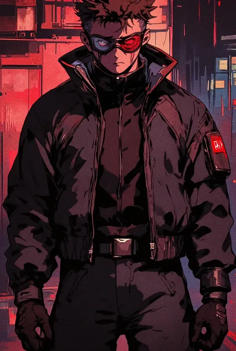 high quality, 8K Ultra HD, Anime, Comic, A young vigilante in his 20's, dark clothes, tactical gear, an open black tactical motorcycle jacket with a red Griffin patch on its right sleeve, black zipped up combat fleece underneath jacket, combat pants, black...