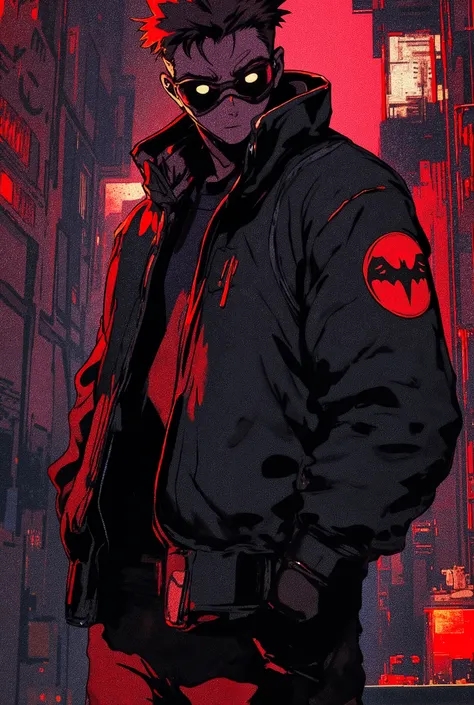 high quality, 8K Ultra HD, Anime, Comic, A young vigilante in his 20's, dark clothes, tactical gear, an open black tactical motorcycle jacket with a red Griffin patch on its right sleeve, black zipped up combat fleece underneath jacket, combat pants, black...