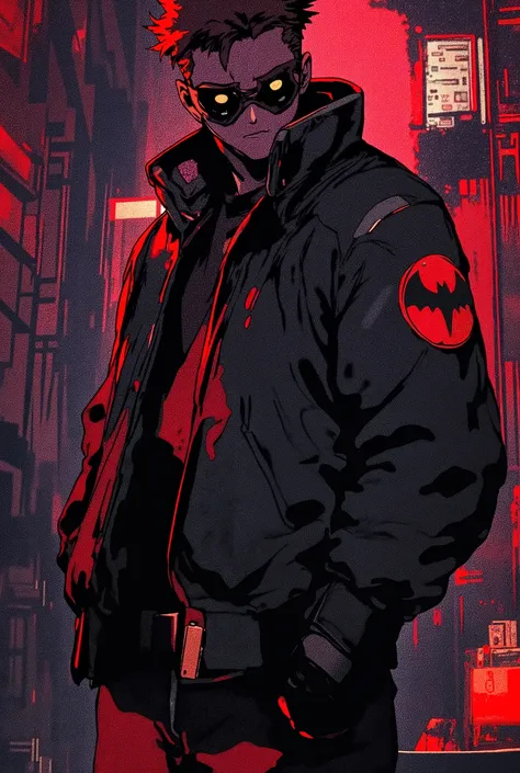 high quality, 8K Ultra HD, Anime, Comic, A young vigilante in his 20's, dark clothes, tactical gear, an open black tactical motorcycle jacket with a red Griffin patch on its right sleeve, black zipped up combat fleece underneath jacket, combat pants, black...