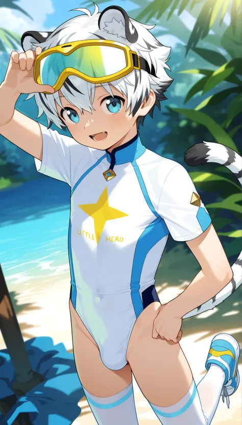 a boy，short hair，cute，一个棕发的穿着白色裤袜的 Shota， wearing goggles on the head， White Tiger Ears ，Masterpiece, BEST QUALITY ，male focus， Shota，summer，Short sleeve，sexy，cowboy shot，Little Hero，happy，((White Stockings))，sneakers，shota wearing a grey form-fitting one-...